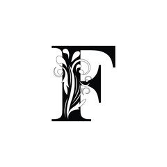letter F. Black flower alphabet.  Beautiful capital letters.