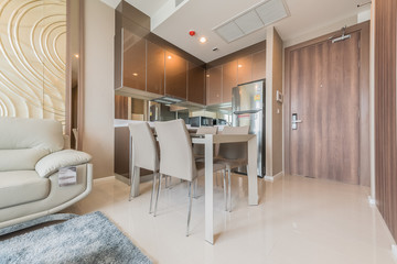 Modern living room and kitchen in small apartment 