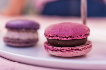Close up of colorful macaron cookie cake dessert