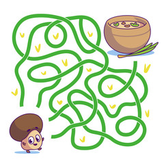 Help cute champignon mushroom find path to soup. Labyrinth. Vegan maze game for kids. Vector illustration on  white background.