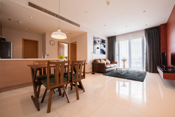 Modern living room and kitchen in small apartment 