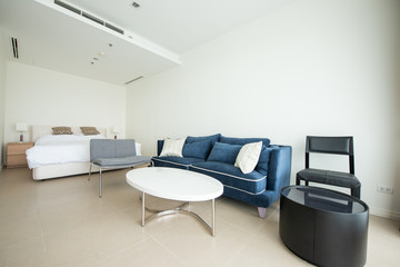 Modern living room and kitchen in small apartment 