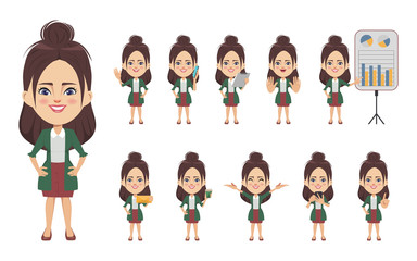 Set of businesswoman creation character pose with occupation job in uniform suit. Chibi cartoon business people style.