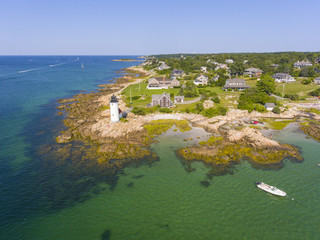 Annisquam Harbor Lighthouse top view, Gloucester, Cape Ann, Massachusetts, MA, USA. This historic...