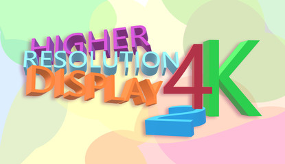 Display. Symbol, 4K, higher resolution. Maximum definition on screens. Graphic with depth and perspective. Technological innovation, vanguard.  3D Illustration, poster, banner on colorful background.