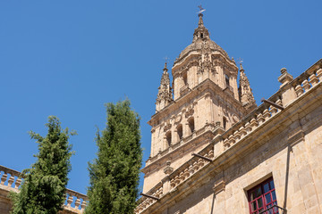 Fototapeta na wymiar Exterior view of the bell tower and carvings on the roof of the old Cathedral in Salamanca