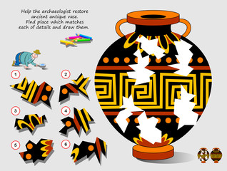 Fototapeta na wymiar Logic puzzle game for children. Help archaeologist restore ancient antique vase. Find place which matches each of details and draw them. Page for kids brain teaser book. Developing spatial thinking.