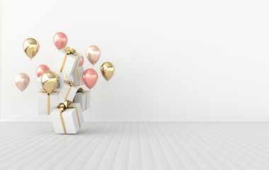 3d render illustration of realistic glossy colorful balloons and gift box with ribbon bow on white background. Empty space for birthday, party, promotion social media banners, posters. © Meranna