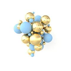 Colorful balls 3d rendering. Chaotic spheres geometric abstract background, primitive shapes, minimalistic design, blue and gold colors