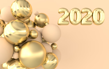 Colorful balls and 2020 numerals 3d rendering. Chaotic spheres geometric abstract background, primitive shapes, minimalistic design, christmas and new year