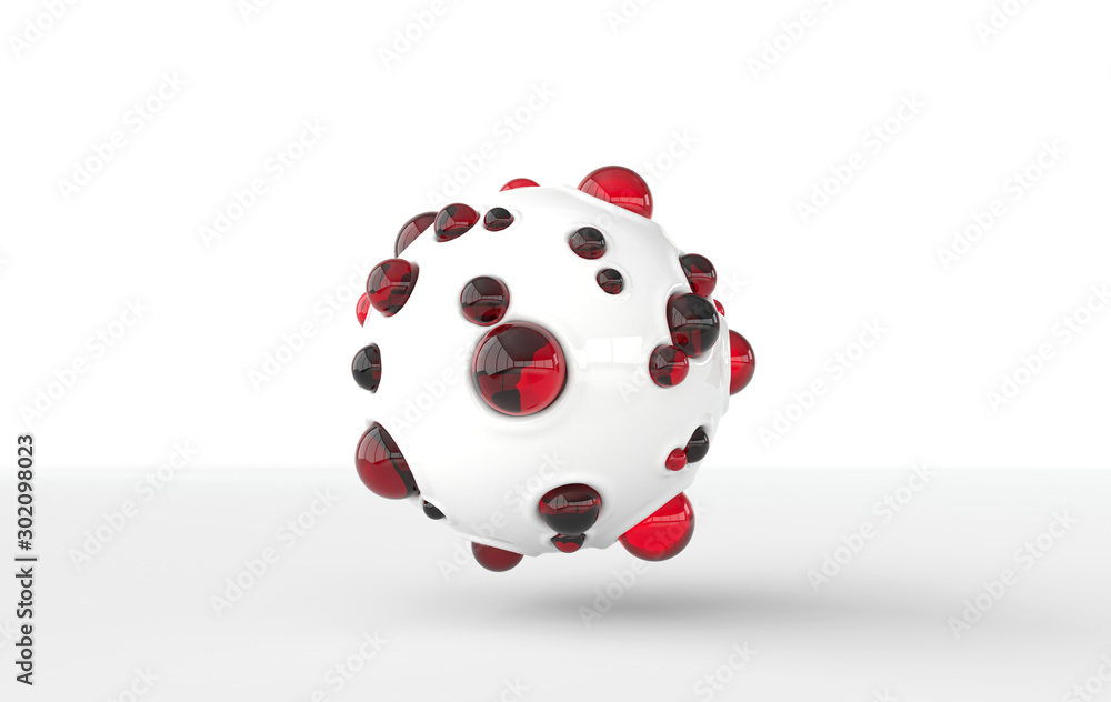 Poster abstract white concrete sphere with red bubbles 3d rendering. alien object on white background