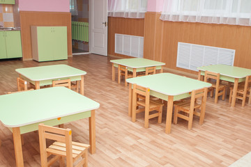 Tables and chairs for kindergarten. Furniture, desks for preschoolers.