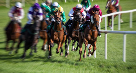 horse race around the track, zoom motion blur effect
