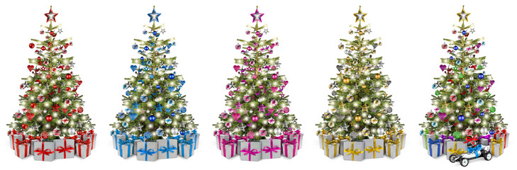 Set collection of natural nordmann christmas tree, decorated with silver red blue gold pink and...