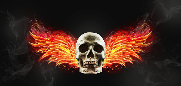 flying human skull in with fire wings on dark background