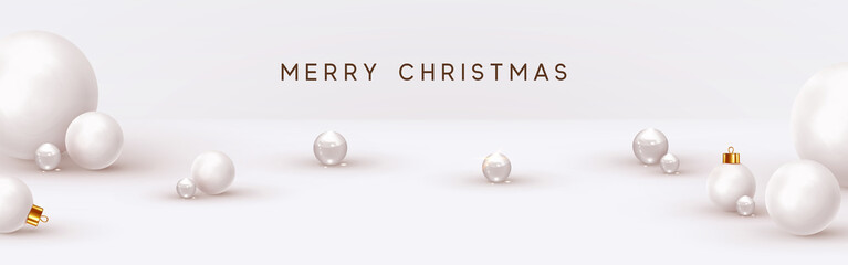 Christmas background, with 3d white balls, glass spheres, round shapes. Minimal Abstract Xmas design. vector illustration