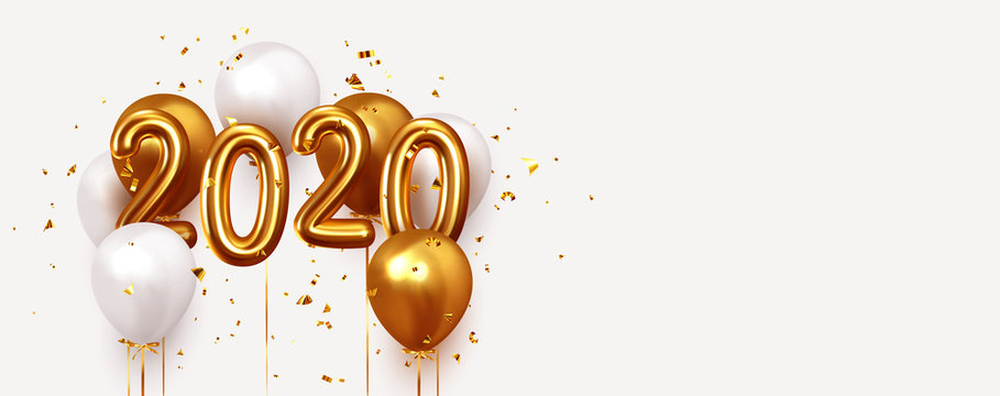Happy New Year 2020. Realistic gold and white balloons. Background design metallic numbers date 2020 and helium ballon on ribbon, glitter bright confetti