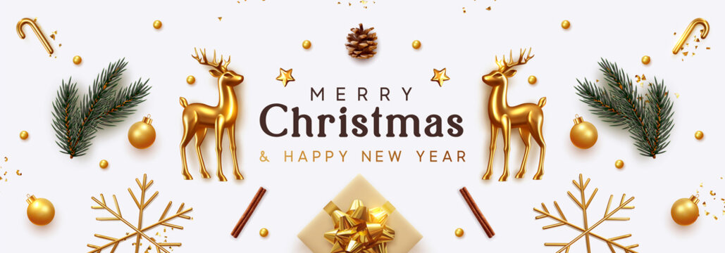 Christmas banner. Xmas Background with realistic objects, Gold Metal Deer, spruce branches, gift boxes. New Year's traditional decorations, viewed from above. Horizontal poster, header, website.