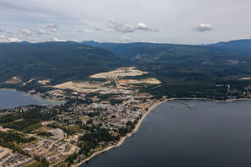 Aerial View of a Sechelt, small town on Sunshine Coast, located Northwest of Vancouver, British Columbia, Canada. Taken during a sunny summer morning.