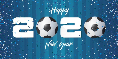 Happy New Year 2020 banner with soccer ball and paper confetti on soccer field background. Banner  template design for New Year decoration in Soccer or Football Concept. Vector illustration.