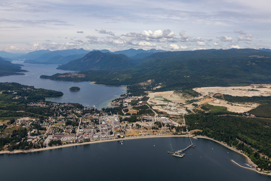 Aerial View of a Sechelt, small town on Sunshine Coast, located Northwest of Vancouver, British Columbia, Canada. Taken during a sunny summer morning.