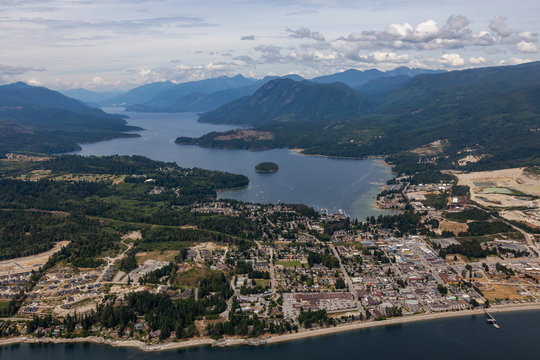 Aerial View of a Sechelt, small town on Sunshine Coast, located Northwest of Vancouver, British Columbia, Canada. Taken during a sunny summer morning.