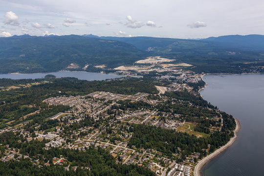 Aerial View of a Sechelt, small town on Sunshine Coast, located Northwest of Vancouver, British Columbia, Canada. Taken during a sunny summer morning.