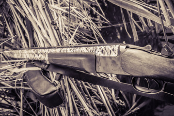 close-up of a hunting rifle - engraving and small details of a hunting gun