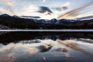 A beautiful sunset over the Rocky Mountains near Sprague Lake in Rocky Mountain National Park.