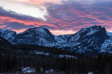 A beautiful sunset over the Rocky Mountains near Sprague Lake in Rocky Mountain National Park.