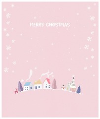 Vector illustration of a Christmas winter landscape postcard.Retro pastel pink color tone.Wonderland colorful village with  hut ,snowman and deer.Minimal winter concept with noise and grainy.