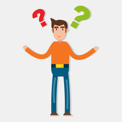 Fototapeta na wymiar man with question mark for wondering pose expression vector illustration 