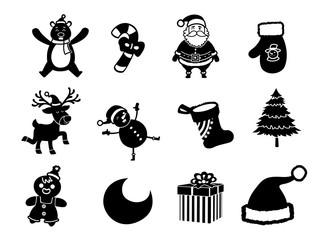 The shadow Collection of Christmas silhouettes icon. Celebration event for Merry Christmas and New Year. Vector clipart illustration isolated on white background