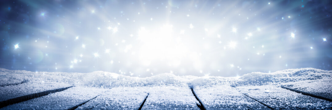 Banner Of Wooden Plank Table With Sparkling Snow And Brilliant Explosion Background - Winter	
