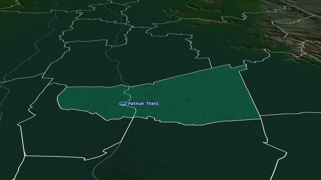 Pathum Thani - province of Thailand with its capital zoomed on the physical map of the globe. Animation 3D