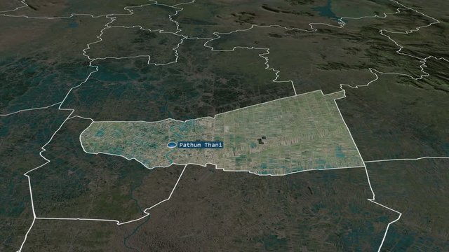 Pathum Thani - province of Thailand with its capital zoomed on the satellite map of the globe. Animation 3D