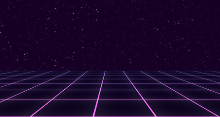 Retro Sci-Fi Background Futuristic Grid landscape of the 80`s. Digital Cyber Surface. Suitable for design in the style of the 1980`s. 3D illustration
