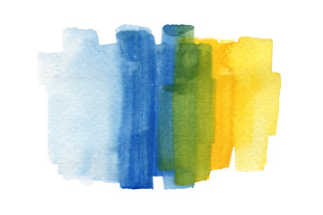 Colorful blue and yellow watercolor paint mixing into green using wet on wet technique on rough texture paper for graphic design purpose