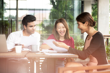 Freelance people working new business project together at the cafe while presenting new product to the boss .Business Worker Freelance concept