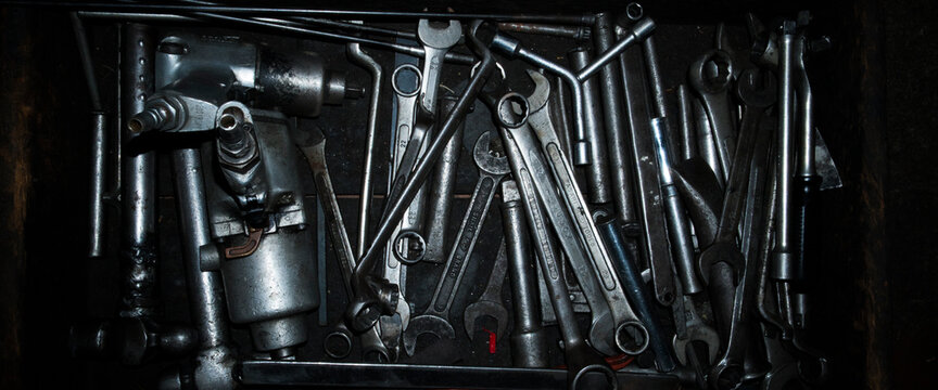 Mechanic tools for repairing cars that are integrated into the tray - can be used for banner & background. Copy space.