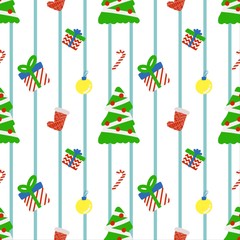 seamless pattern with green Christmas tree, red socks, ornamental balls and sugar cane.
