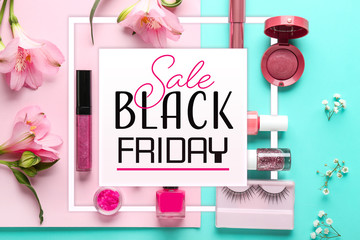 Set of decorative cosmetics and inscription Back Friday on color background