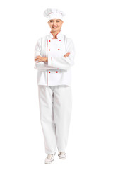 Portrait of female confectioner on white background