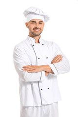 Portrait of male confectioner on white background