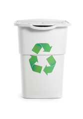 Container for trash with recycling sign on white background