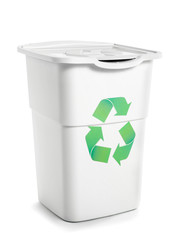 Container for trash with recycling sign on white background