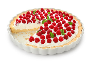 Tasty raspberry pie on white background