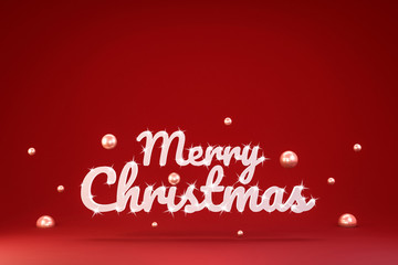 Merry Christmas font design on vivid red background with Shining stars or Snowflakes. Happy Christmas card party or new year celebration. Realistic 3D render.
