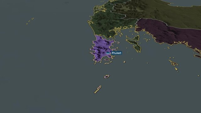 Phuket - province of Thailand with its capital zoomed on the administrative map of the globe. Animation 3D