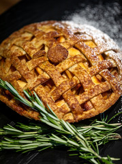 Fresh baked Apple pie on a dark wooden background